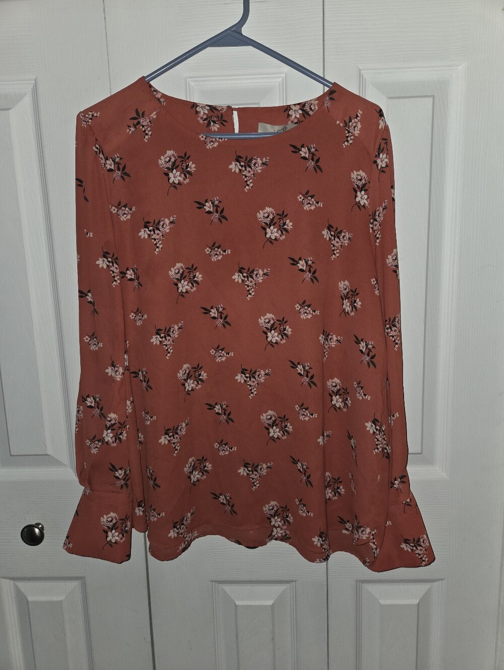 Womens LOFT Rust Floral Long-Sleeve Blouse, Size LG